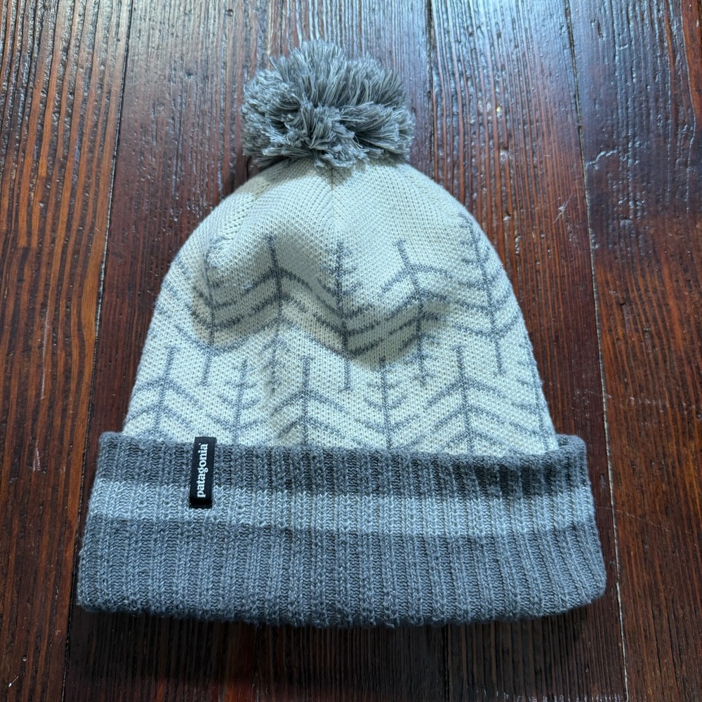 Patagonia Beanie Powder Hat Winter Pom Pom Gray Geometric Mid Heavyweight